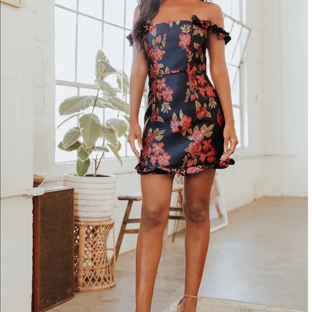 Lulu’s Navy Floral Jacquard Ruffled Mini Dress